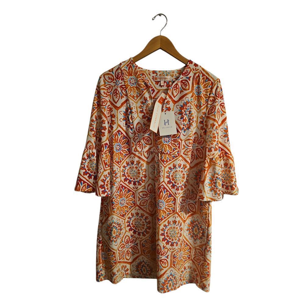 Jude Connally mosaic tile coral blue flare sleeve dress sz medium pockets new